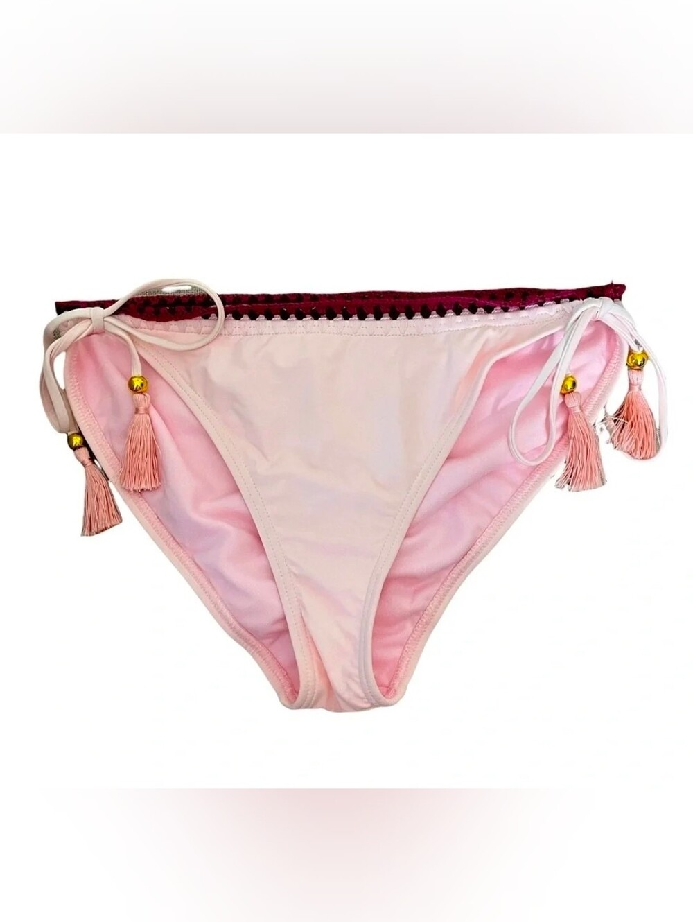 Ambrielle Light Pink Crochet Trim Tassel Side Tie Bikini Bottom Size Large NWT